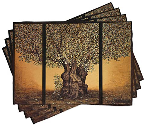 ABAKUHAUS Baum des Lebens Platzmatten, Triptychon der Alten Reifen Olivenbaum-Mittelmeer-Griechenland-Art-Natur-Grafik, Tiscjdeco aus Farbfesten Stoff für das Esszimmer und Küch, Mehrfarbig