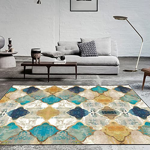 Fancytan Teppich Geometrisches Diamant Muster, Vintage Look, gelb und blau, groß für Wohnzimmer, Schlafzimmer, 160 x 230cm