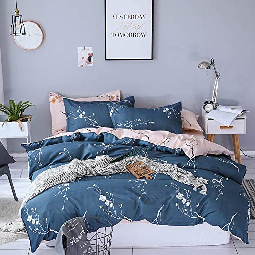 Boqingzhu Bettwäsche 155x220cm mit Blumen Pflanzen Muster Rosa Blau 2 Teilig Weiche Microfaser Bettbezug Set mit 80x80cm Kissenbezug Wendebettwäsche Set mit Reißverschluss