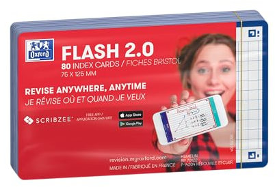 Oxford Flash 2.0 - 80 Fiches Bristol Flash Cards 7,5 x 12,5cm Petits Carreaux Cadre Bleu Marine