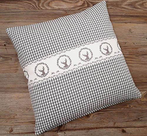 RESIs Kissen-Bezug 40x40 cm - Landhaus-Stil Hirsch grau-weiß kariert - Baumwolle, Waschbar, Zierkissen für Couch