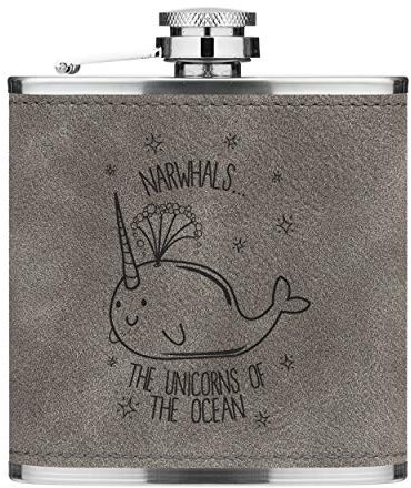 Narwhals die Einhörner Of The Ocean 6oz Pu-Leder Flachmann Grau Luxe