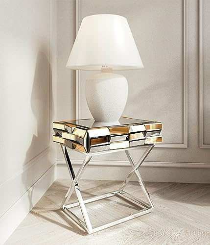 CARME Knightsbridge – Tavolino da salotto a specchio con design effetto vetro 3D con cassetto cromato gambe incrociate per camera da letto, soggiorno (oro rosa)