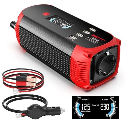 BELTTT 500W Wechselrichter 12v auf 230v, 1000W Spitze Spannungswandler 12V 230V mit EU-Steckdose, 4 USB-Anschlüssen und LCD-Digitalanzeige für Auto, Wohnwagen, Boot, Camping