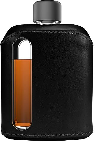 Ragproper Modern Glass Hip Flask - Durable Leather Covered Flask for Whiskey, Spirits, & Other Liquor - Ideal Glass Flask for Men & Women (Double Shot 240ml, Leather Black)