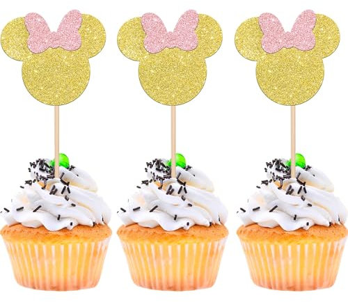 24 Stück Goldfarbene Maus-inspirierte Cupcake-Topper mit rosa Schleife Glitzer Mini-Cupcake-Picker Babyparty Hochzeit Kinder Geburtstag Party Kuchen Dekorationen Zubehör