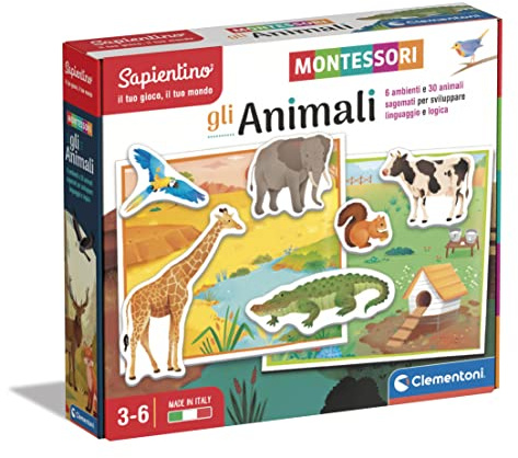 Clementoni - Sapientino Montessori 3 Jahre mit geschlagenen Karten, Lernspiel zum Lernen von Tieren, Sprachentwicklung-Made in Italy, Mehrfarbig, 16360