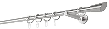ondeco Gardinenstange auf Maß 20mm Rag 1-lauf Vorhangstange Wandträger 12cm Stilgarnitur mit Ringen für Vorhänge Edelstahl-Optik 130cm