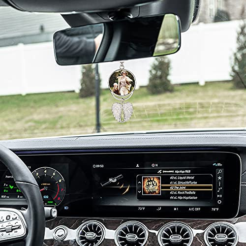 ACBungji Auto Rückspiegel Anhänger mit Foto Gravur Engelsflügel Kette Autospiegel Aufhänger Spiegelanhänger Auto Dekoration Glücksbringer Amulett Personalisierte Geschenke für Unisex, Silber