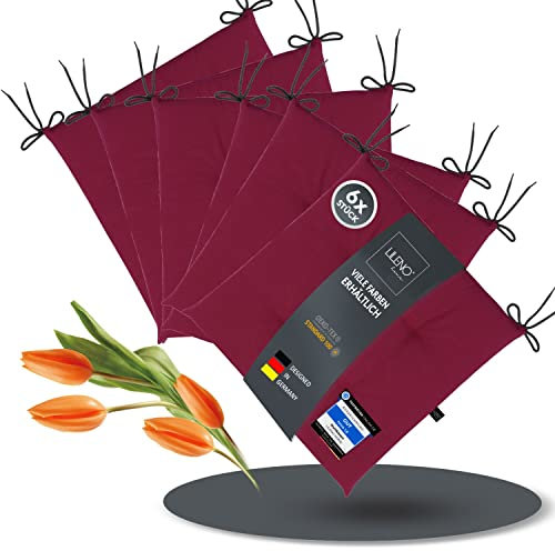 LILENO HOME 6er Set Stuhlkissen Bordeaux (40x40x4,5 cm) - Sitzkissen für Gartenstuhl, Küche oder Esszimmerstuhl - UV-beständige Indoor u. Outdoor Stuhlauflage als Stuhl Kissen (Laura FUM)