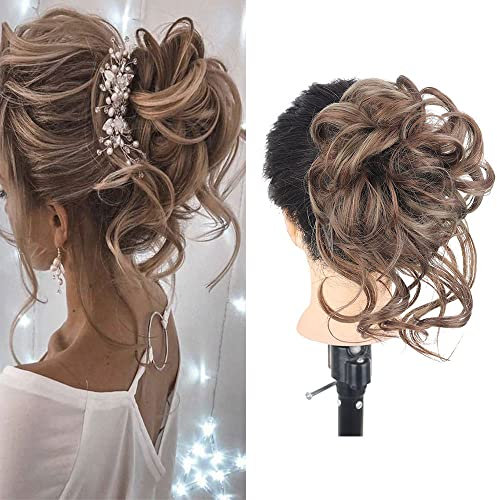 unordentliches Dutt Haarteil Messy Bun Haarteil Mit Gummiband kunsthaar haargummi mit haaren Tousled Updo Haarteile für Frauen Mädchen (#18H10 Platin Blond Mischung Erdbeerblond)