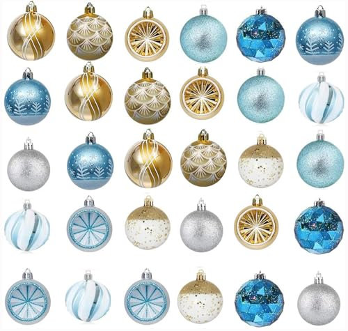 Juego de 30 decoraciones navideñas doradas, plateadas y azules, 6 cm, plástico, con colgador, adornos de árbol de Navidad de plástico irrompibles, adornos para árbol de Navidad