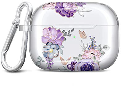 JIAXIUFEN Kompatibel mit AirPods Pro 2 Hülle Stoßfeste Silikon Kopfhörer Taschen Case Schutzhülle Zubehör mit Karabiner Kompatibel mit AirPods Pro 2 Generation, Flower Purple