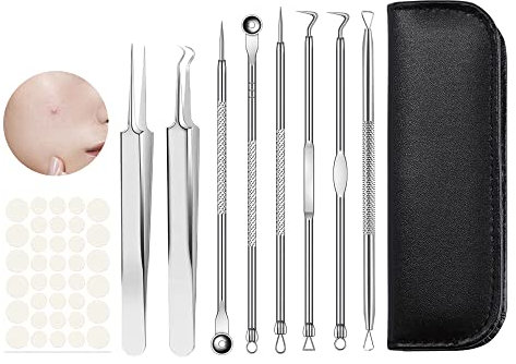 Strumento di espressione brufoli rimozione punti neri Blackhead Remover, 8Pcs Pimple Squeezing Tool con 36Pcs Pimple Patch, pinzette in acciaio inox Blackhead Remover per la cura del viso naso