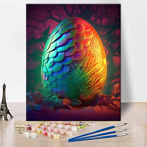 Multicolor Fantasy Drachenei Malen nach Zahlen für Erwachsene, Bunte Ostereier auf dunklen Malen nach Zahlen, Malen nach Zahlen für Erwachsene Anfänger Ölmalerei Leinwand Wandkunst 16X20 Inch