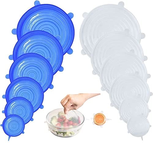 NHCDFA Silicone Lids, 12pcs Stretch Lids, Reusable Food Covers, Microwave Safe, Expandable, Blue, Medium