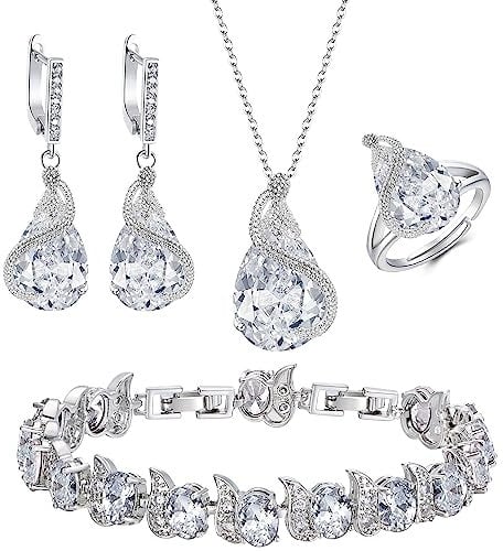 Ever Faith Women's Jewelry Set Bridal Jewellery Sparkly Cubic Zirconia Teardrop Necklace Earring Bracelet Ring Sets for Women Birthday Gifts 4 PCS Clear Silver-Tone