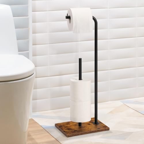 Porte Papier Toilette, Porte-Rouleau de Papier Toilette sur Pied, Support de Papier Toilette avec Base en Bois, Distributeur de Papier Toilette, Rangement de Papier Toilette