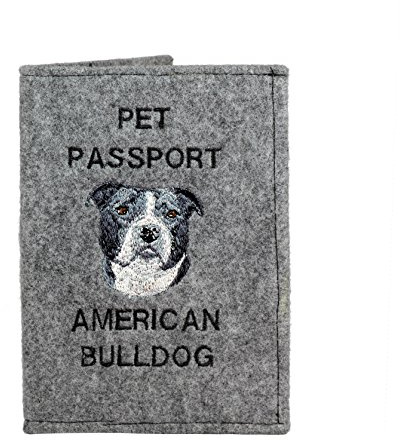 Art-Dog Hundepasshülle - Handgefertigte Filzhülle mit gesticktem Muster - Tierärztliche Reisepasshülle für Hunde - 17x12,5cm - American Bulldog