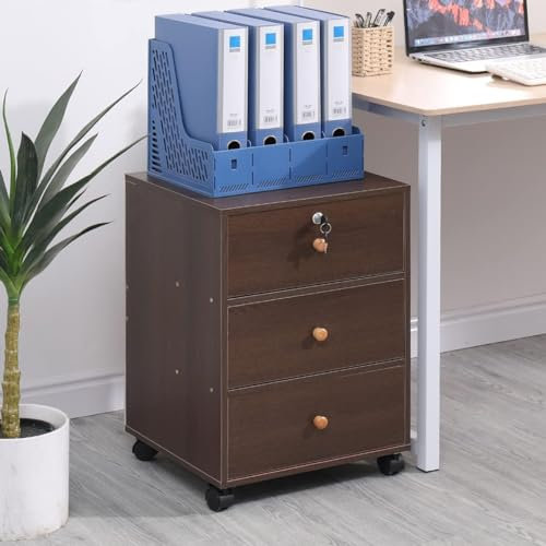 Lockable 3 Drawers File Cabinet Mobile Under Desk Pedestal Beside Cabinet with Wheels Unit Document Storage, Wood Office Printer Stand Table Filing Side Drawers Nightstand (Dark Walnut)