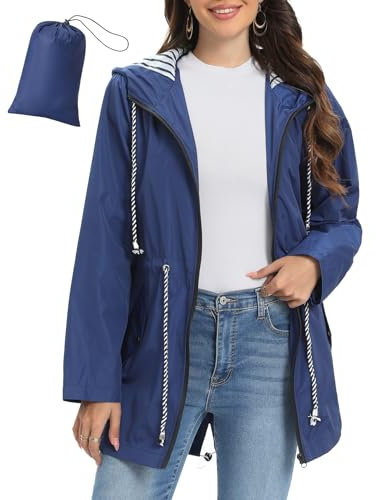 Vijamiy Vêtements Imperméables Femme Léger Veste de Pluie Long Manteaux Imperméables avec Capuche D'extérieur Coupe Vent Grande Taille Impermeable Veste(Bleu marine,M)
