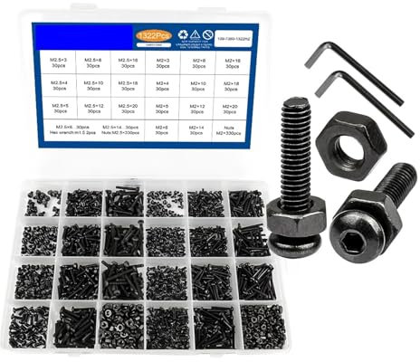 1322 Stück/Set kleiner Inbusschraubensatz mit Mutter M2 M2,5 Innensechskantschraubensatz aus Karbonstahl mit rundem Flachkopf (Size : Round head)