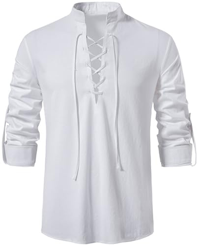 Rodawu Camisas de manga larga de algodón y lino para hombre, estilo medieval, con cordón, estilo Henley, camisetas vikingas