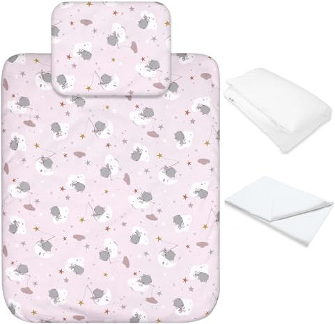 baby idea Babysanity Lenzuola Next To Me Compatibili 4 pezzi: Federa Cuscino, Piumino, Copripiumino, Lenzuolo Angoli per Culla Lettino Neonato - Chicco Kinderkraft Cam Brevi OEKO-TEX (Orso Luna Rosa)