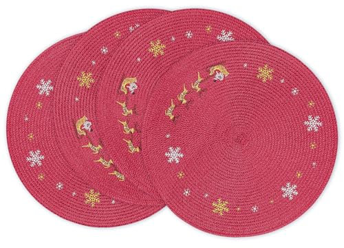 fanquare Weihnachten Tischsets 38cm Runde Gewebte Tischsets 4er Set Schneeflocken Rentier Tischsets Rote Abwischbare rutschfeste Platzsets für Urlaub Küche Esstisch