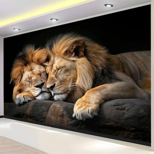 Papier Peint Panoramique Animal Lion Noir Poster Mural, Bleu Peinture Murale pour Salon Chambre Chambre d'enfants Restaurant Décoration Murale 200x140 cm