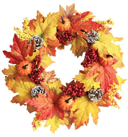 Skördkrans | Thanksgiving ytterdörr krans | Thanksgiving höst dörrdekorationer bär lönn pumpa krans, för ytterdörr inomhus utomhus heminredning, 45 cm