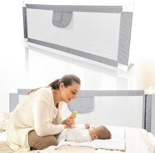 Ollewiellan Bettgitter 200CMx2+180CMx1, Bettgitter Rausfallschutz Höhenverstellbar 64-96cm, Bettschutzgitter Kinderbettgitter mit Luftiges Netz für Kinder & Elternbetten, Stabile, Grau