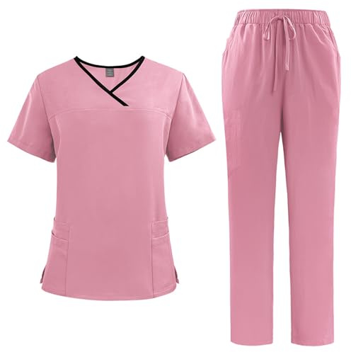 Meichoon Scrubs DK51 Combinaison fendue avec haut à col en V et pantalon de jogging avec quatre poches Couleur pure Séchage rapide Uniformes d'infirmières médicales