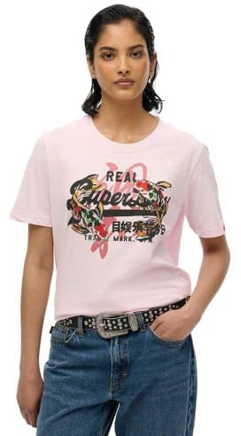 Superdry Damen Lässiges Vintage Logo Tokyo T-Shirt Rosé Pink Geflammt 34