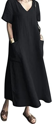Kvruhuiy Women's Casual Dresses Summer Linen Dress Short Sleeve V Neck A Line Cotton Beach Maxi Sundress with Pockets S-3XL