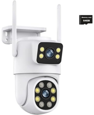 Camera Surveillance WiFi Extérieur, 3K Caméra IP à Double Objectif 6MP Outdoor IP Caméra Extérieur PTZ Double écran + 64G SD Card Nocturne Couleur, Détection de Mouvement, Audio Bidirectionnel IP66