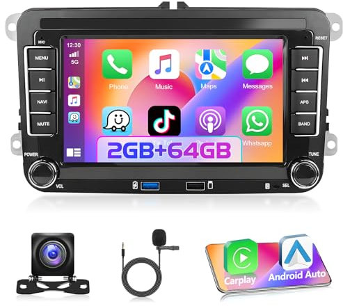 Autorradio Apple CarPlay para VW/Seat/Passat/Golf/Polo/Skoda [2G+64G] Radio estéreo 2DIN con Pantalla táctil HD de 7'', Android Radio, GPS/Bluetooth/SWC/EQ/FM/RDS, Cámara de Marcha Atrás y Mic