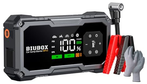 Booster Batterie Voiture Puissant avec Compresseur d’Air 150PSI, BiuBox 4500A Démarreur Batterie Voiture pour Véhicules 10L Gaz/9L Diesel, Booster de Batterie 12V avec LED 4 Modes, Grand Écran, Gants