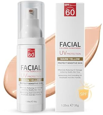 Tinted Sunscreen SPF 60, Oil Controlling, Face Sun Cream, UVA & UVB Protection, Warm Yellow Suncream Modify Skin Tone, Tinted SPF 60 Face Moisturiser, Non-Sticky, Travel Sun Cream, Sheer Matte Finish