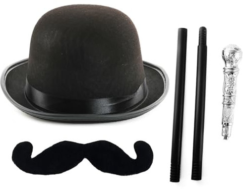 Detektiv-Zubehör-Set für Erwachsene, 1930er-Jahre, 60 cm, schwarzer Bowler-Hut, Lenker-Schnurrbart und silberfarbener Stock – Herren 30er-Jahre-Kostüm, Mystery-Charakter, Weltbuchtag