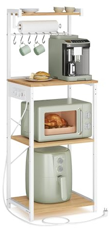 VASAGLE Étagère de Cuisine avec Multiprise, Bar à Café sur 4 Niveaux avec 8 Crochets en S, Étagère Réglable, Support pour Micro-Ondes, 40 x 45 x 140 cm, Doré Chêne et Blanc Nuage KKS013YA02