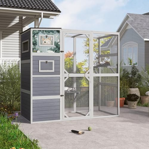4-Tier Cat House Large Enclosure Cat Run Wooden Catio Outdoor Kitty House with Weatherproof Roof, 2 Resting Rooms & 3 Platforms, 193.5x85x178cm