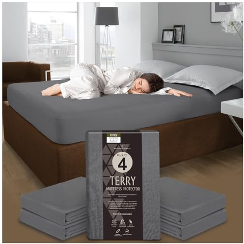 GC GAVENO CAVAILIA Pack of 4 Terry Towelling Mattress Protector - Easy Care King Size Waterproof Mattress Protector - 30cm Deep Breathable Mattress Cover for Bed - (200 x 150 Cm) - Charcoal