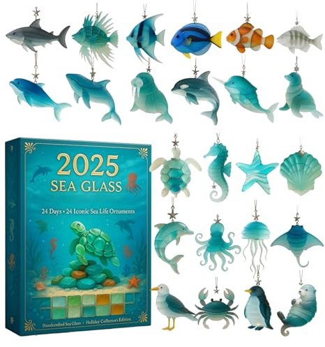 Meerestiere Weihnachts Adventskalender 2025, | Meerglas 2D Anhänger Ornamente WeihnachtsKalender, Niedliche Tier Weihnachtskalender, Countdown Kalender Weihnachten Kinder