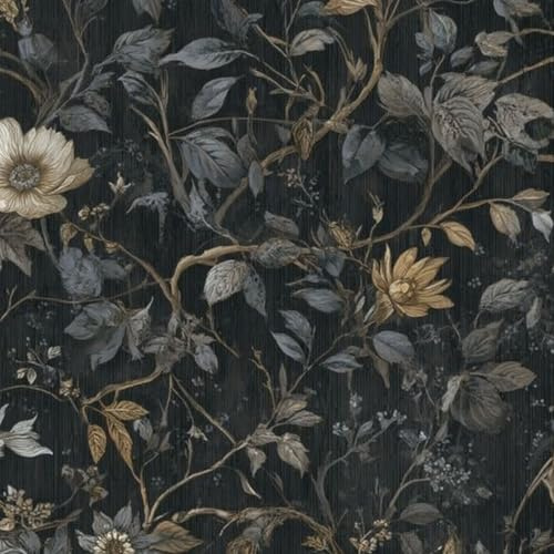 DERUINVAIO Self Adhesive Feature Removable Dark Floral Golden Gray Accents Black Peel and Stick Vinyl Wallpaper Roll, Sticky Lining Paper for Bedroom, Living Room, Kitchen Walls