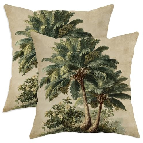Palmen-Kissenbezüge, 2er-Set, tropisches Vintage-Blatt, Blume, Sommergrün, weicher Samt, waschbar, Kissen für Wohnzimmer, Schlafzimmer, Loft, Büro, Auto-Dekoration, 40,6 x 40,6 cm