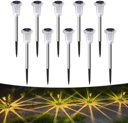 Aourow - Confezione da 10 lampade solari da giardino per esterni - Bianco caldo - Lampade solari LED impermeabili - Per esterni, giardino, balcone, terrazza, prato, vialetto, cortile