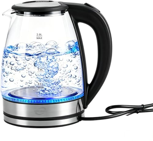 Multibao Electric Glass Kettle 2L 1800W Fast Boiling Tea Kettle Hot Water Boiler with Auto Shut Off, Boil-Dry Protection, BPA-Free Plastic-Free Interior, Blue LED Light, UKCA and ROHS approved
