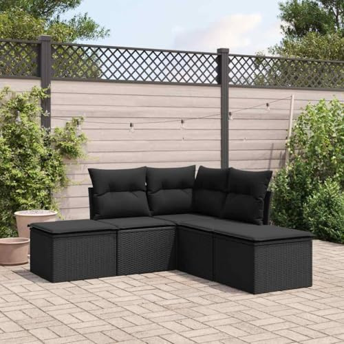 Owoxanthellate Gartenmöbel Lounge Set 5-TLG Schwarz Poly Rattan Sofa Garnitur wetterfest Eckbank Hocker & Kissen modular 55x62x69 cm Robustes Outdoor Möbel for Balkon Terrasse Patio