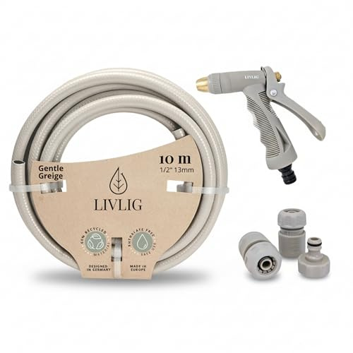 LIVLIG Kit Arrosage Complet 10m Greige – Tuyau d'Arrosage 10m 1/2 Pouce + Pistolet d'Arrosage & Accessoires (Raccord Robinet 3/4, Raccord Rapide, Arrêt d'Eau 1/2) – Made in Europe
